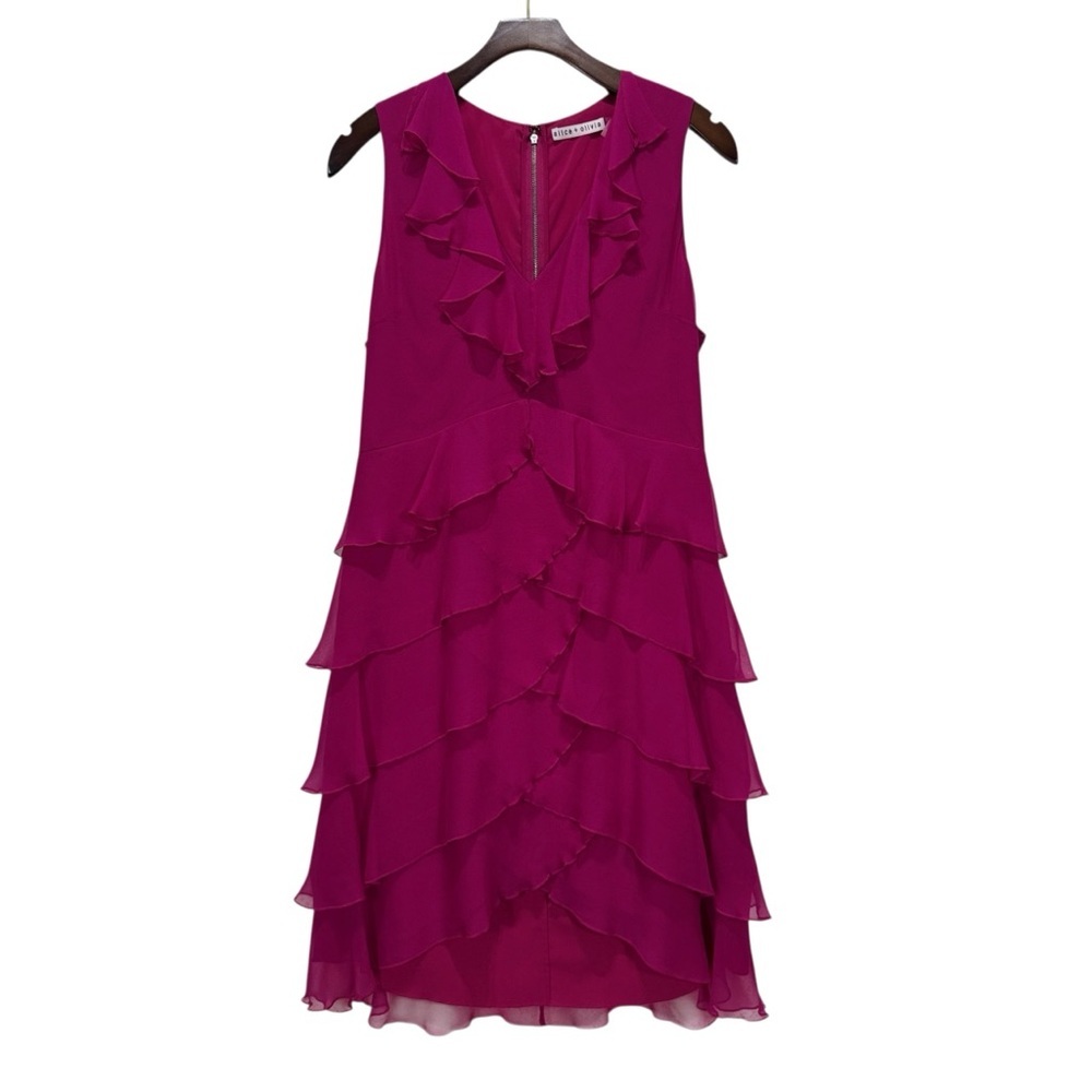 Alice + Olivia Felicita Silk Tiered Ruffle Dress Flowing Fuchsia Size 8